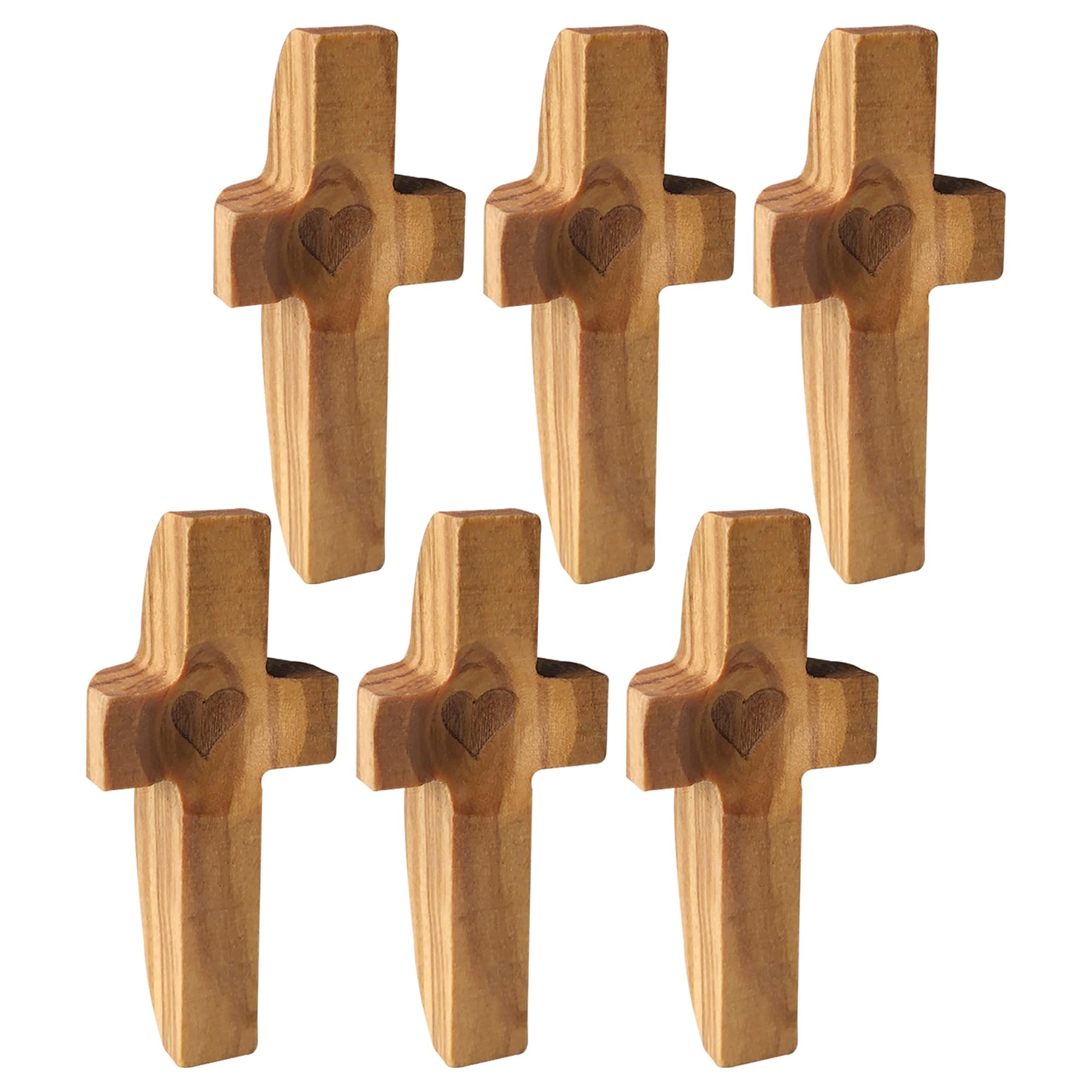 6 PCS Olive Wood Handheld Small Crosses, Pocket Prayer Cross